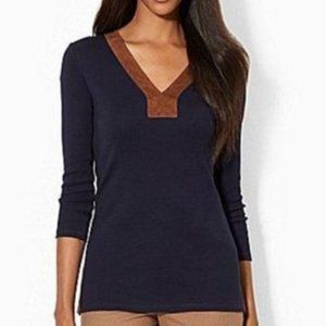 Lauren Ralph Lauren Suede Collar Popover Tunic Top Navy Brown Old Money Preppy-M
